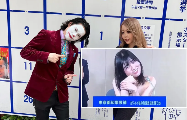 ASPIRAN A GOBERNAR TOKIO: MUJER SE QUITA LA BLUSA Y HOMBRE SE VISTE DE ‘JOKER’, CAUSANDO REVUEL EN REDES