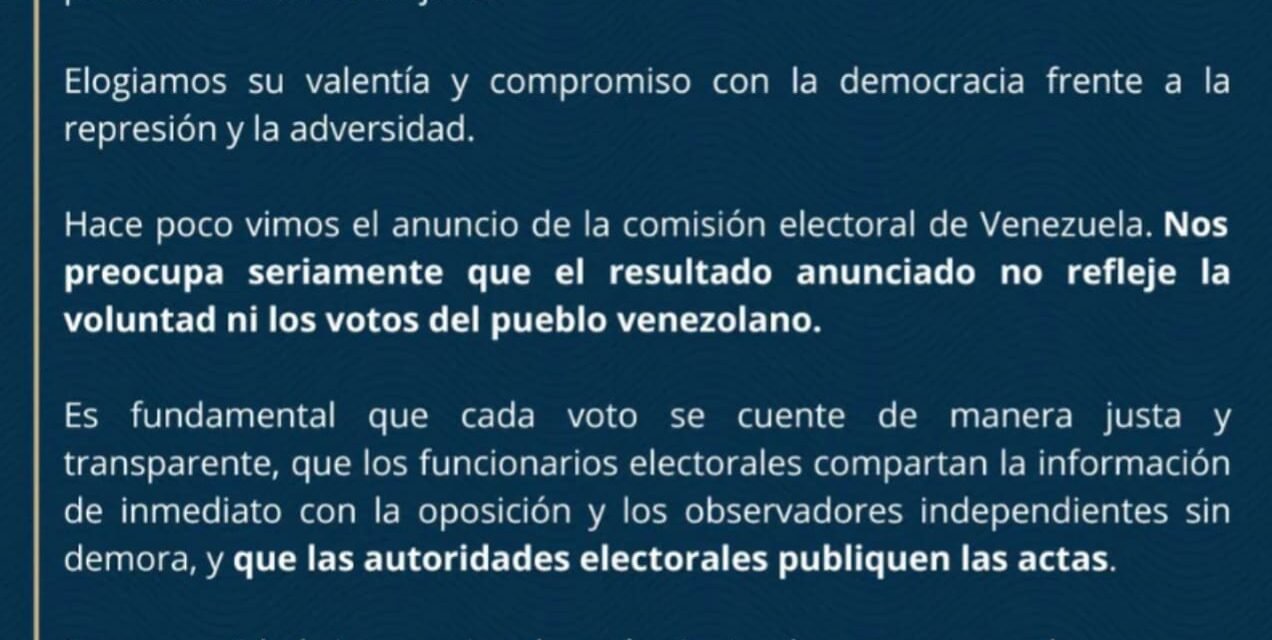 RESULTADOS EN VENEZUELA SON CUESTIONABLES Y SE REACCIONARÁ EN CONSECUENCIA: SECRETARIO DE ESTADO USA